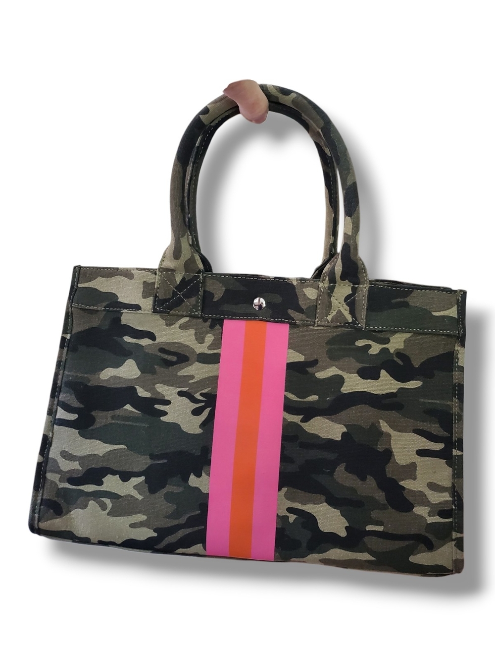 NWOT Milly Kate Camouflage Tote Bag Pink Orange Stripes Canvas Shoulder Bag - Picture 3 of 6